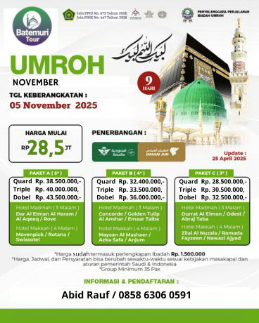 Paket Umrah Reguler , Umrah 9D , BTT –Ast,  Keberangkatan 05 November  2025